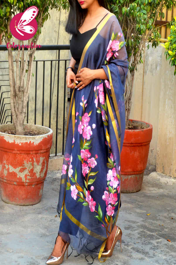 Bluish Grey Organza Hand-painted Pink Floral Stole