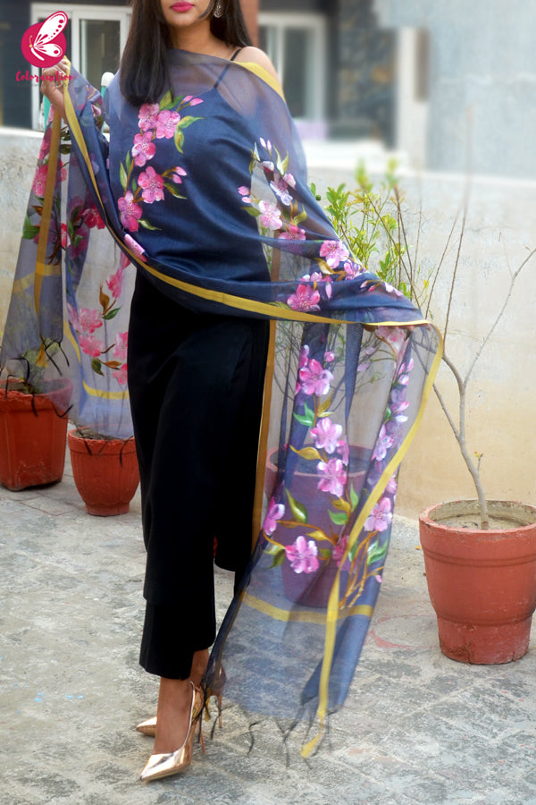 Bluish Grey Organza Hand-painted Pink Floral Stole