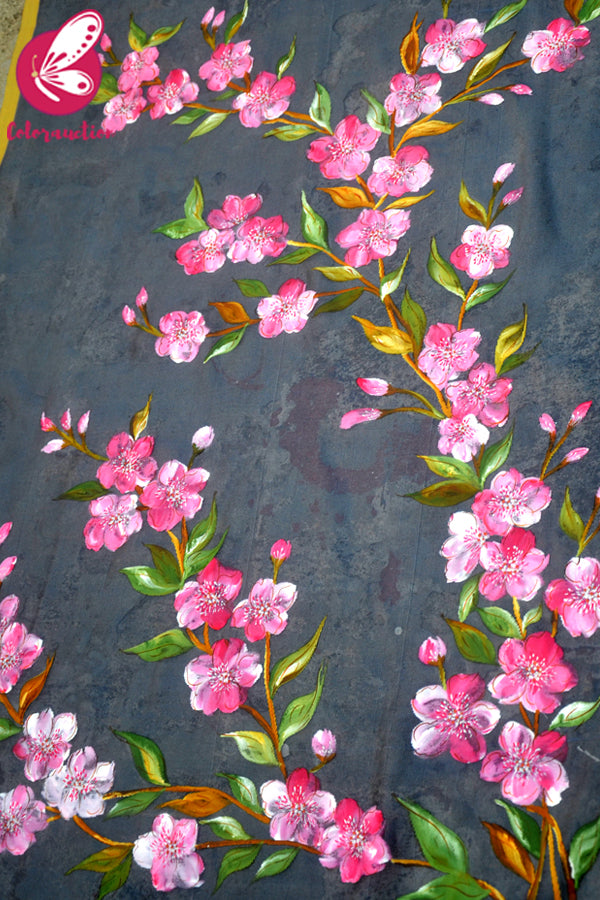 Bluish Grey Organza Hand-painted Pink Floral Stole