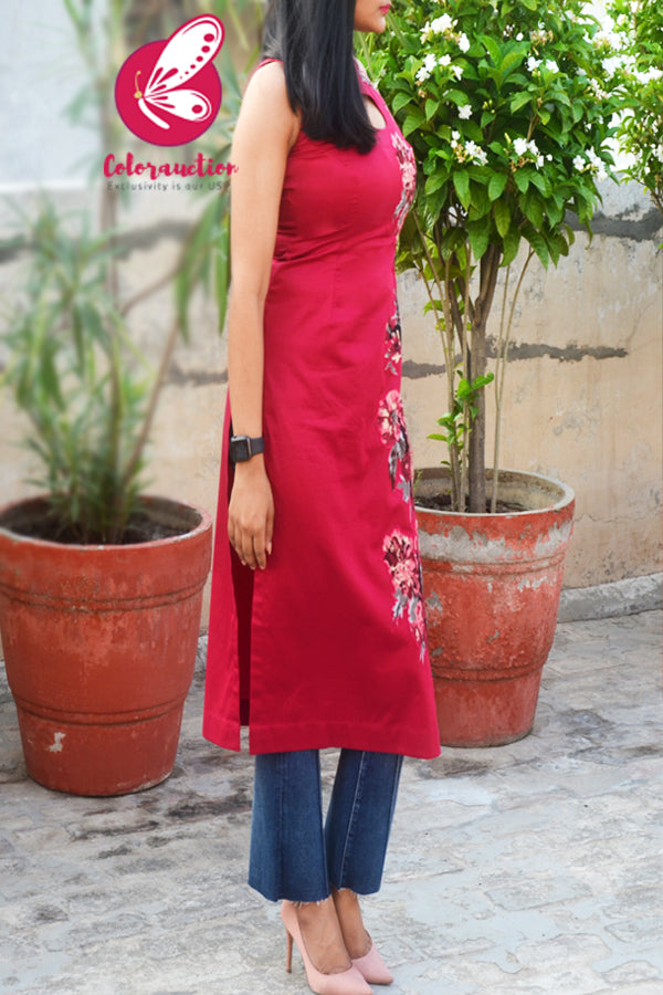 Raspberry Cotton Silk Sleeveless Patch Work Kurti