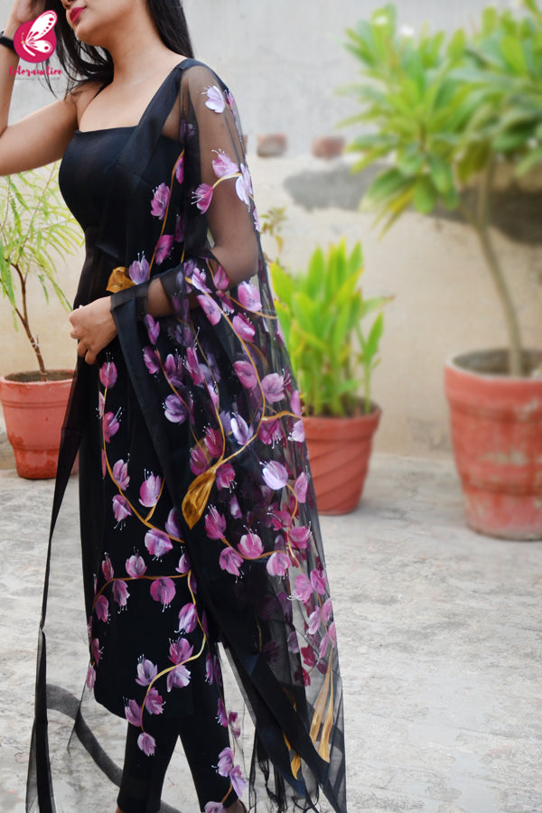Black Organza Handpainted Floral Pink Stole