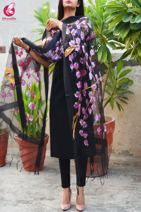 Black Organza Handpainted Floral Pink Stole