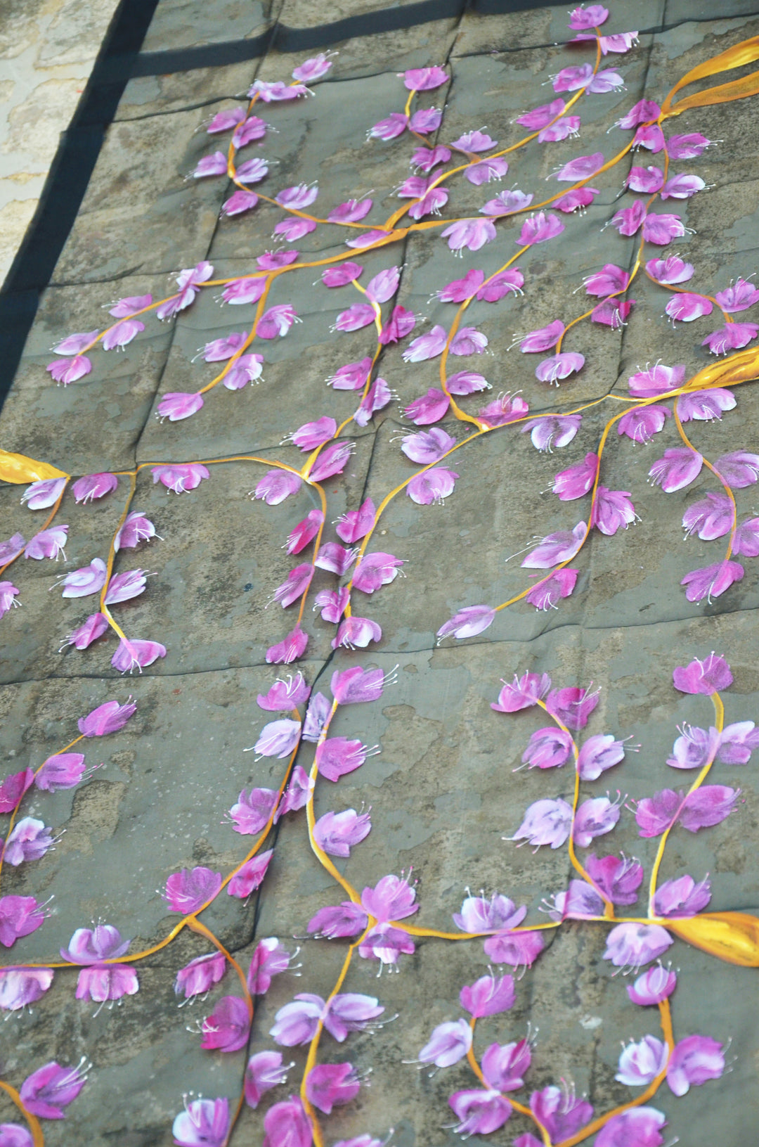 Black Organza Handpainted Floral Pink Stole