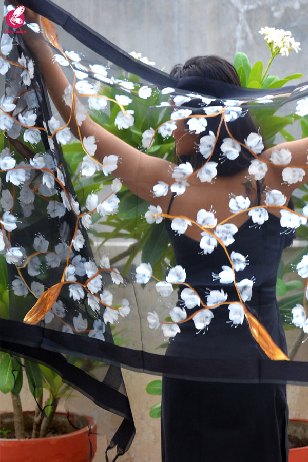 Black Organza Handpainted White Floral Stole