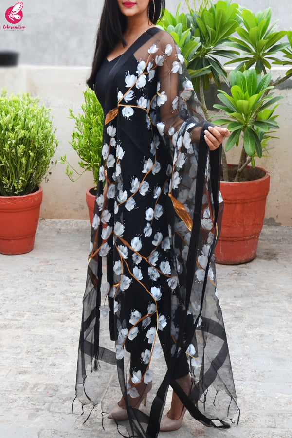 Black Organza Handpainted White Floral Stole