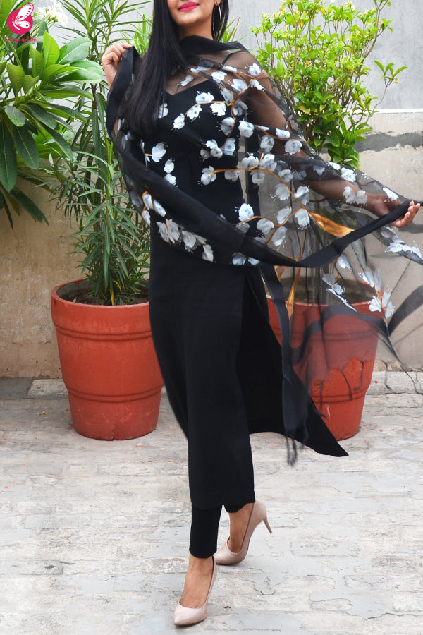 Black Organza Handpainted White Floral Stole