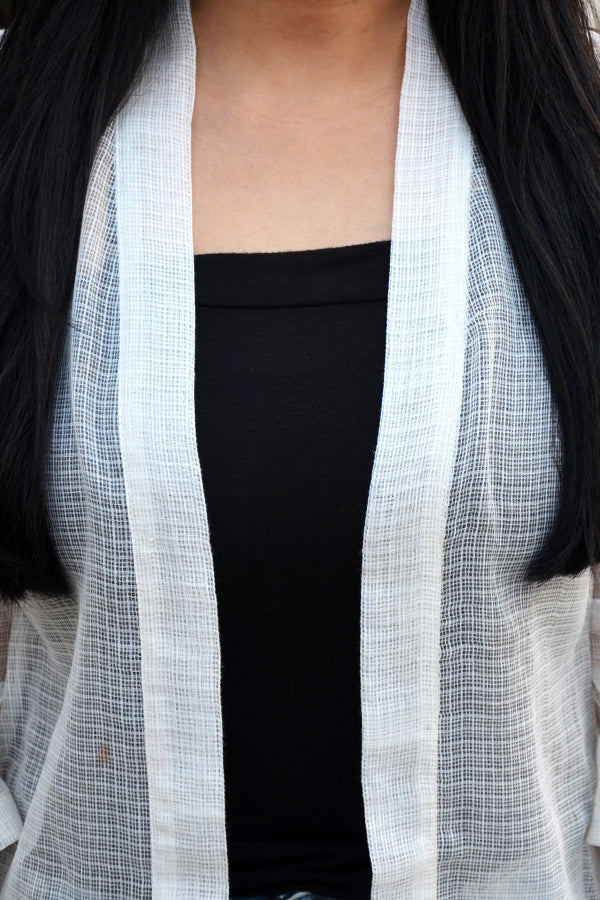 Off White Cotton Kota Embroidered Shrug