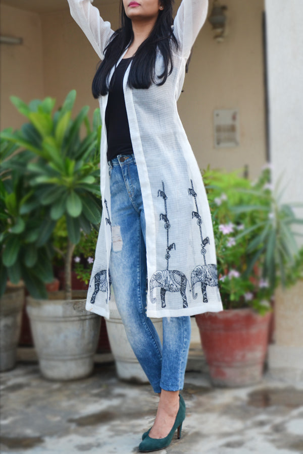 Off White Cotton Kota Embroidered Shrug