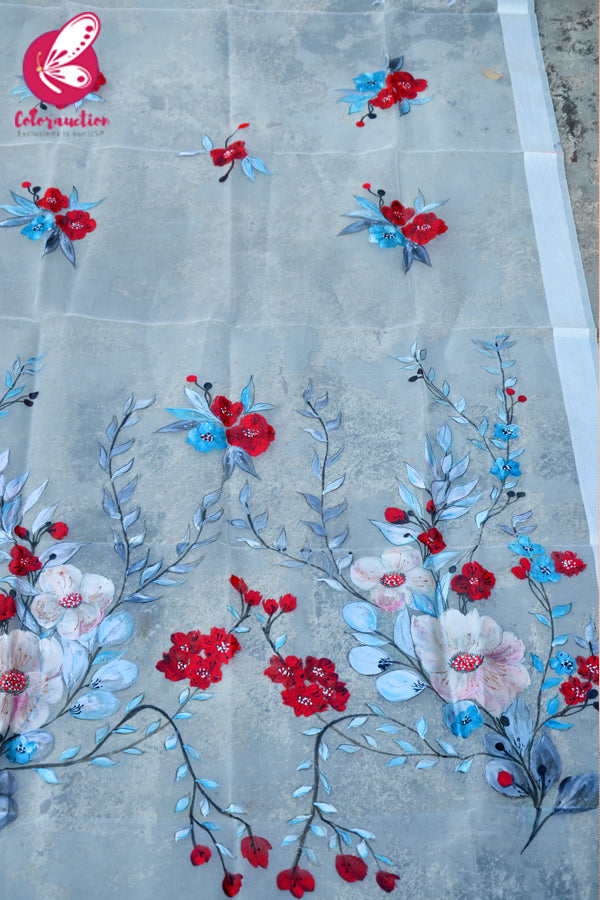 White Organza Handpainted Colorful Stole