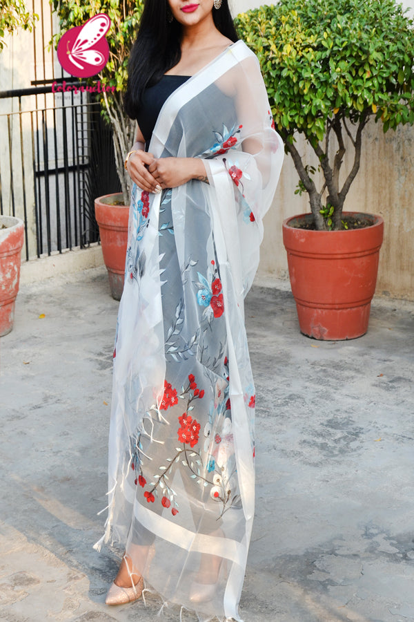 White Organza Handpainted Colorful Stole