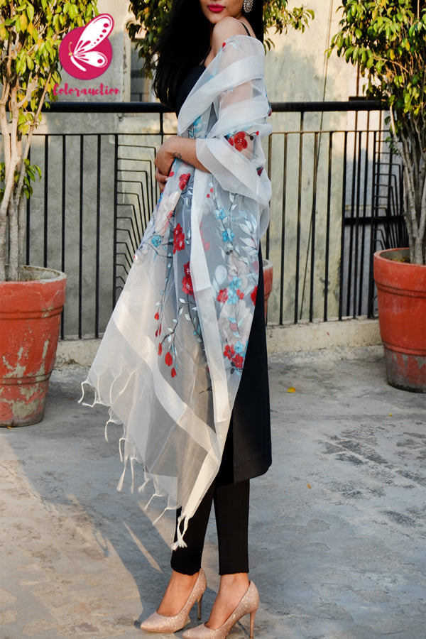 White Organza Handpainted Colorful Stole