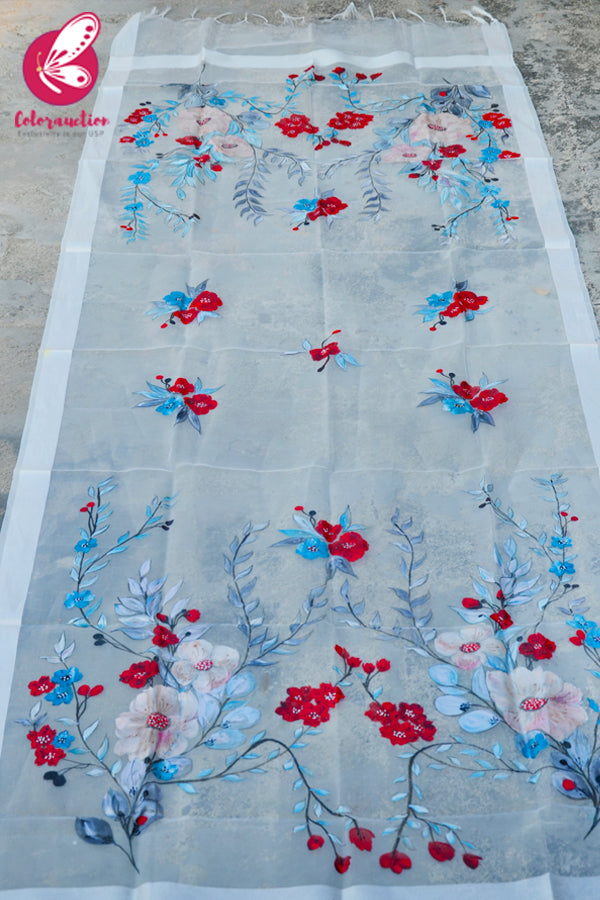 White Organza Handpainted Colorful Stole