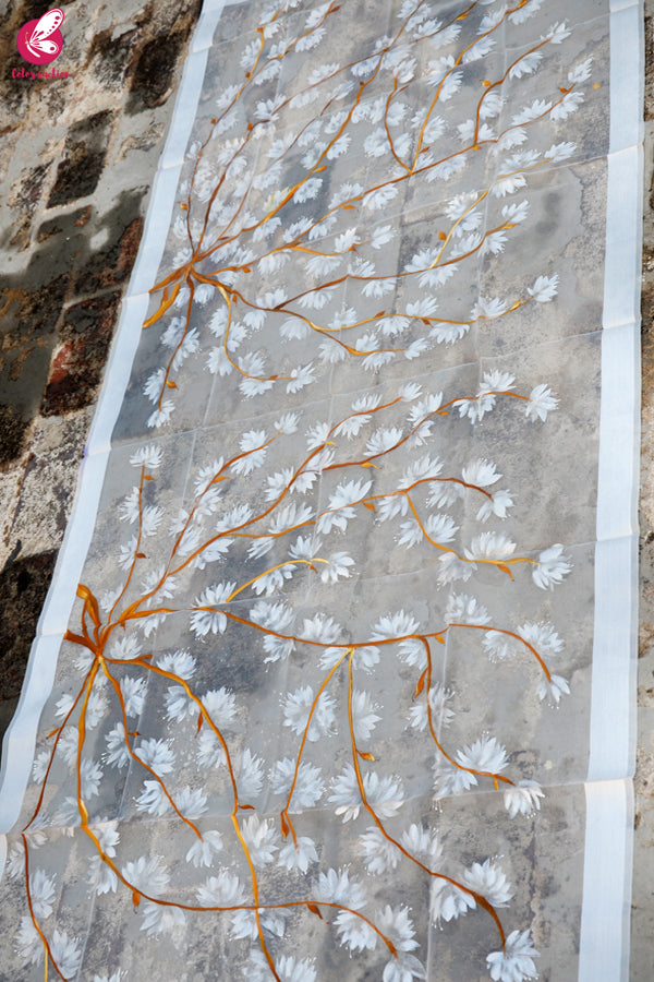 White Organza White Floral Hand painted Stole