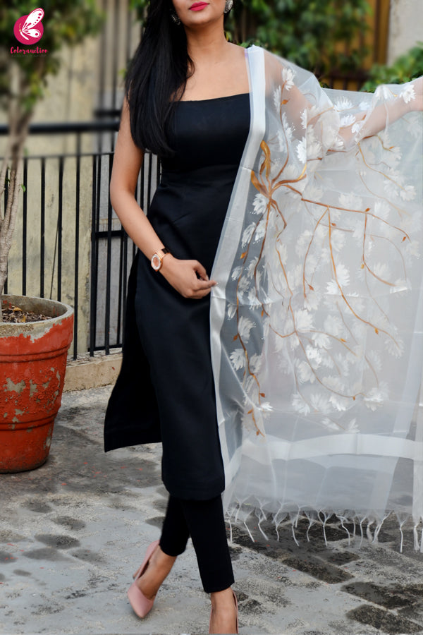 White Organza White Floral Hand painted Stole