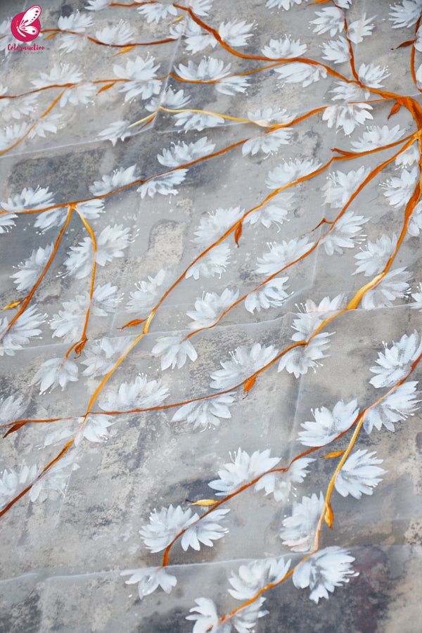White Organza White Floral Hand painted Stole