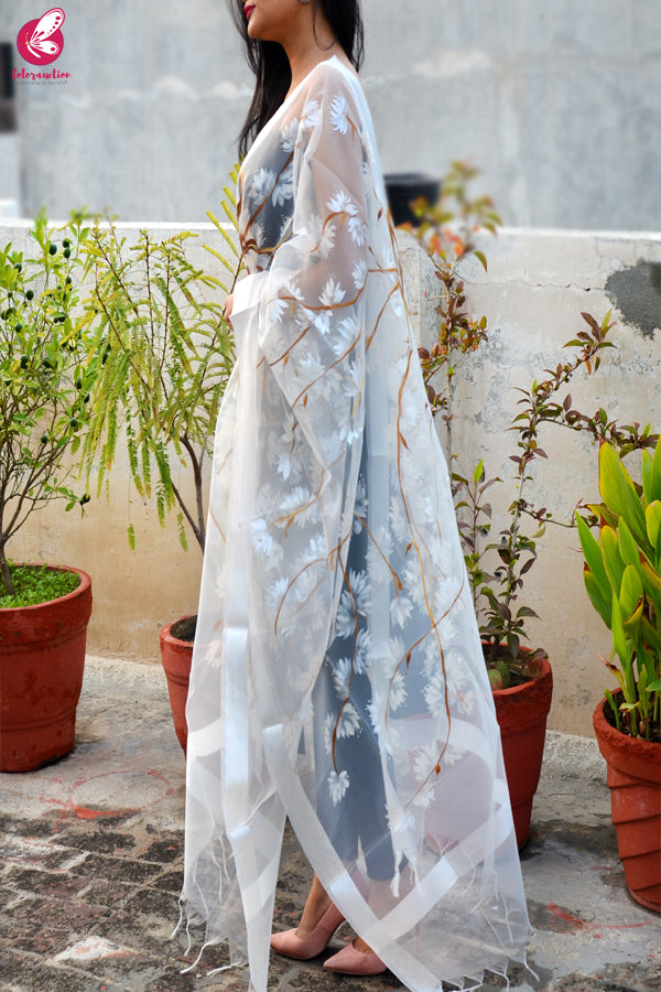 White Organza White Floral Hand painted Stole