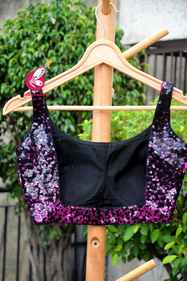 Black &amp; Pink Sequins Padded Backless Blouse