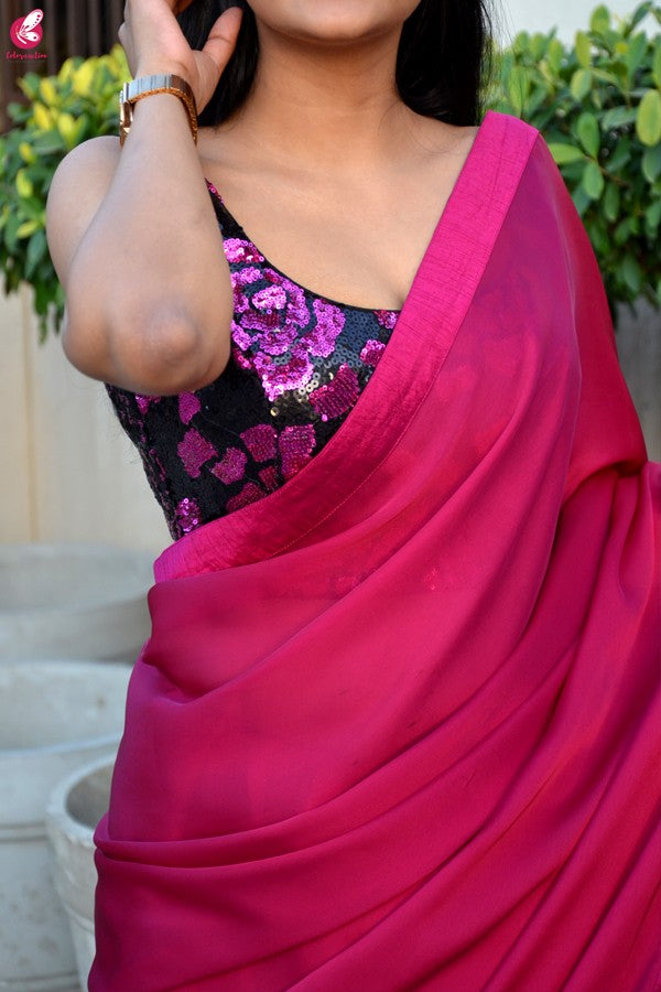 Black &amp; Pink Sequins Padded Backless Blouse