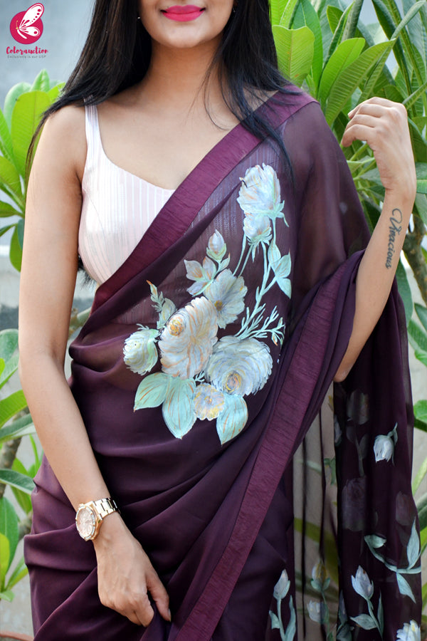 Wine Hand-painted Pure Silk Chiffon Saree