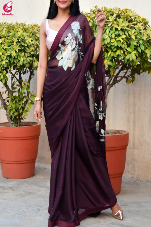 Wine Hand-painted Pure Silk Chiffon Saree
