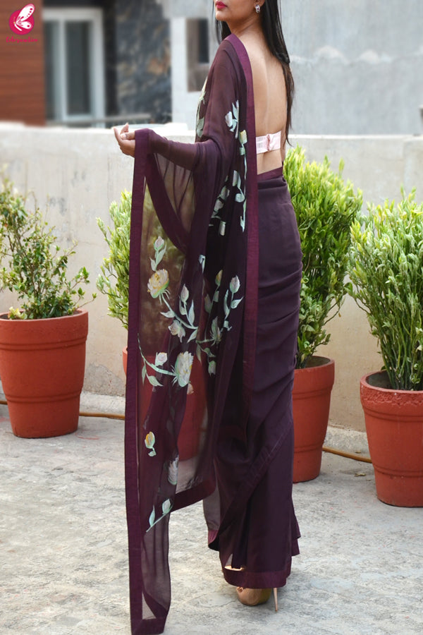 Wine Hand-painted Pure Silk Chiffon Saree
