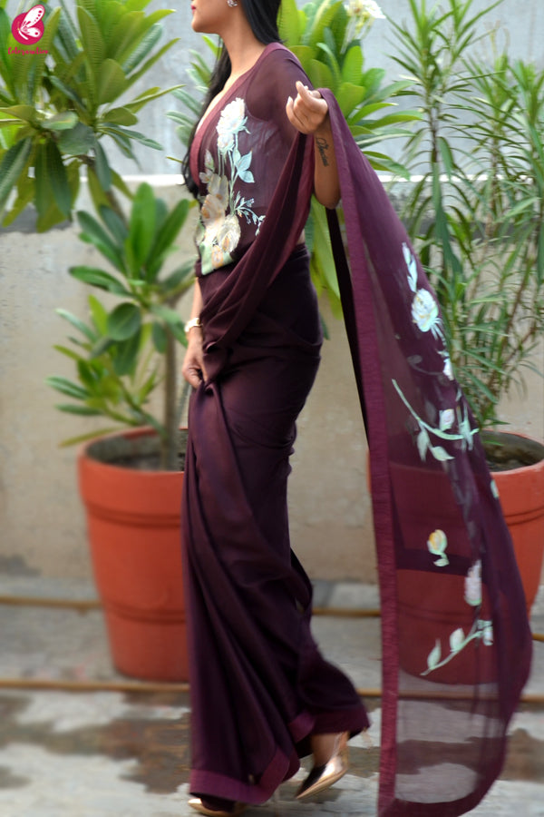 Wine Hand-painted Pure Silk Chiffon Saree