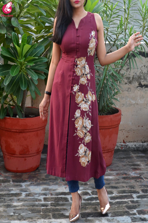 Wine Modal Rayon Patch Work Kurti