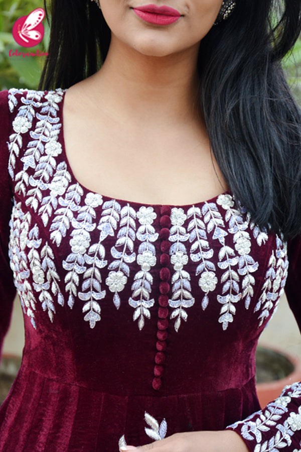 Wine Velvet Padded Dabka Zardosi Handwork Floor Length Gown