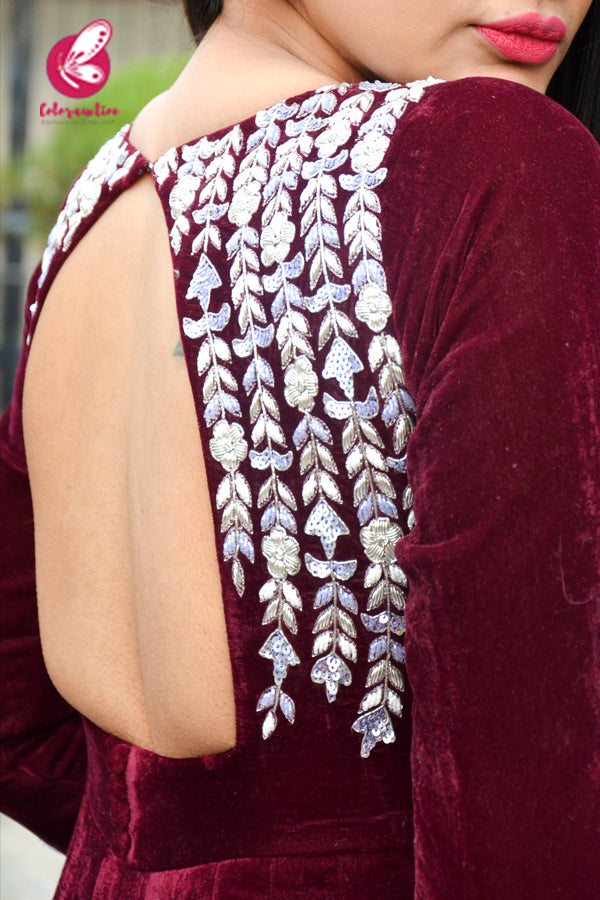 Wine Velvet Padded Dabka Zardosi Handwork Floor Length Gown