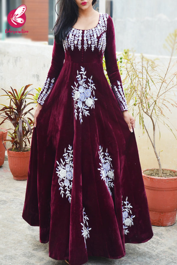 Wine Velvet Padded Dabka Zardosi Handwork Floor Length Gown