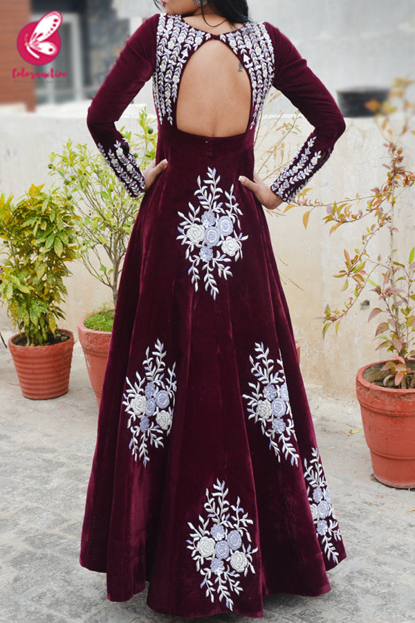 Wine Velvet Padded Dabka Zardosi Handwork Floor Length Gown