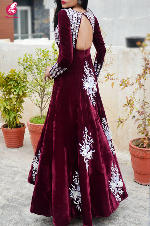 Wine Velvet Padded Dabka Zardosi Handwork Floor Length Gown