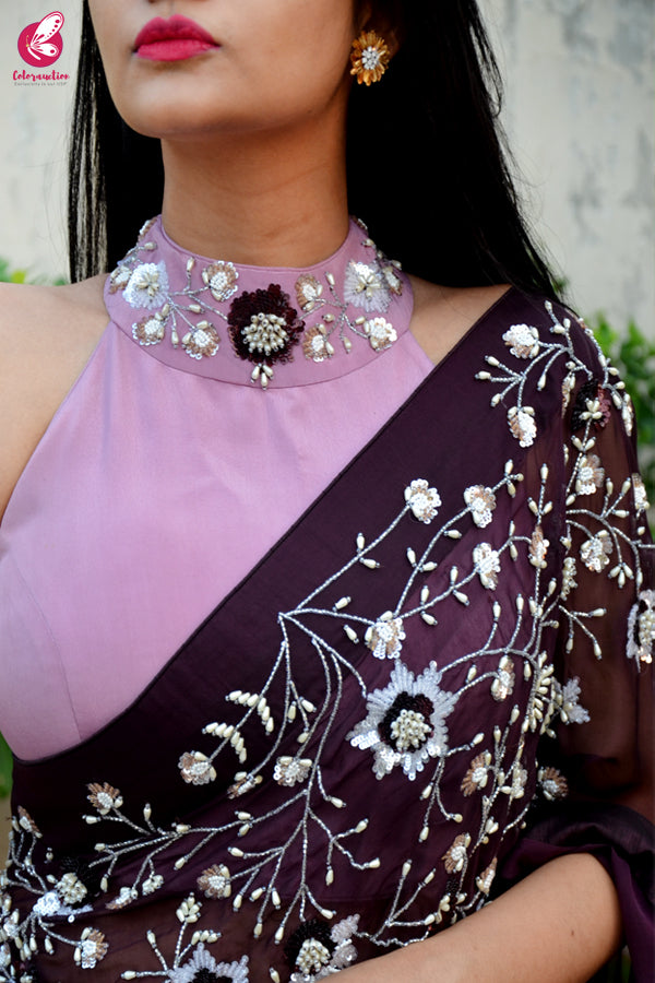 Wine Pure Silk Chiffon Sequins Pearl Handwork Saree