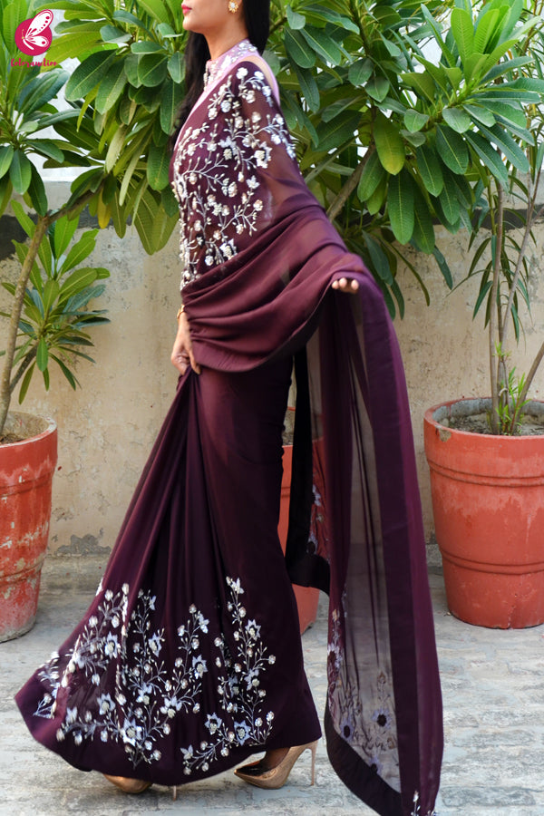 Wine Pure Silk Chiffon Sequins Pearl Handwork Saree
