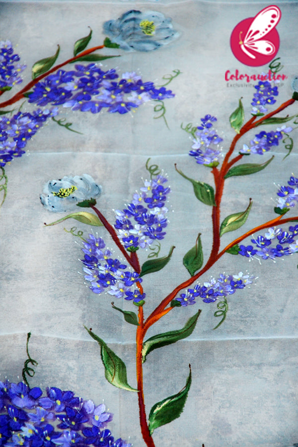 Off White Pure Organza Handpainted  Lilac Purple Floral Stole
