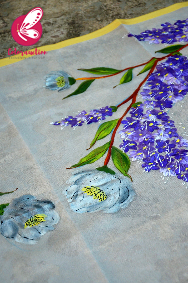 Off White Pure Organza Handpainted  Lilac Purple Floral Stole