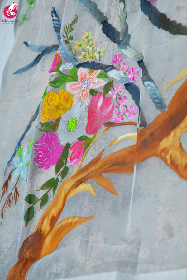 White Organza Handpainted Colorful Floral Stole