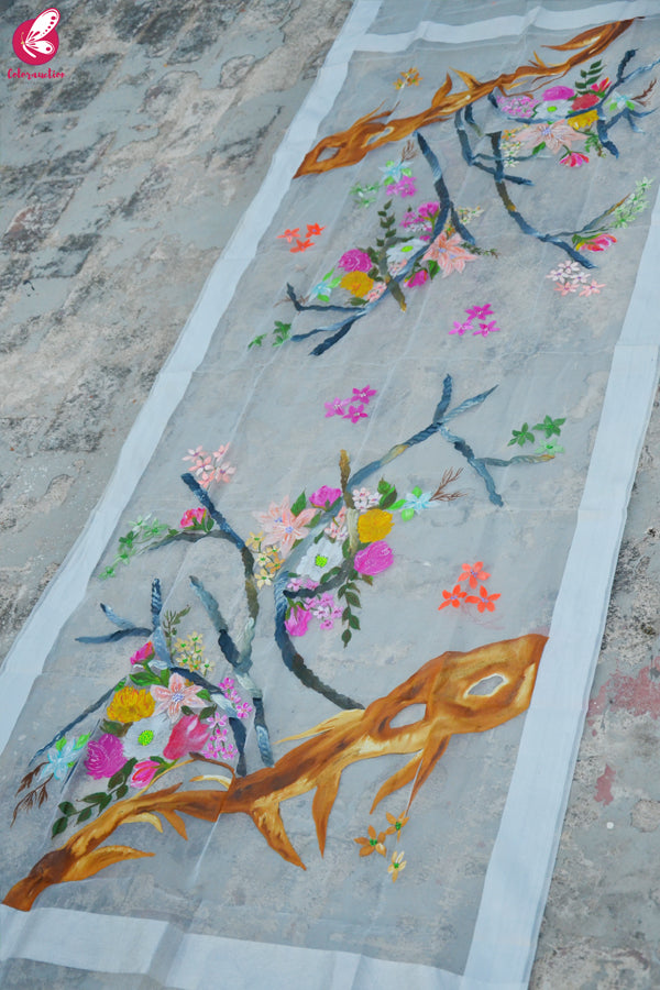 White Organza Handpainted Colorful Floral Stole