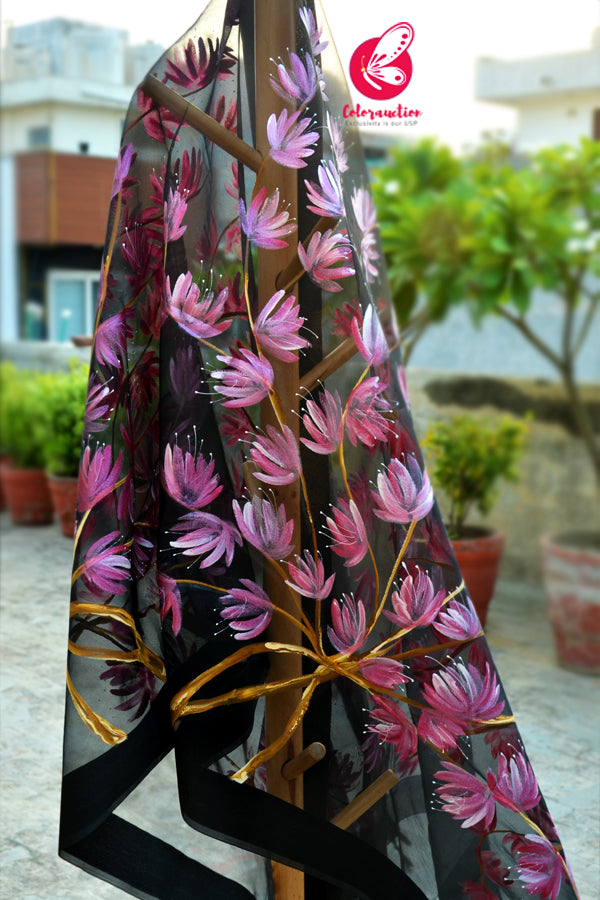 Black Pure Organza Handpainted Floral Pink Stole