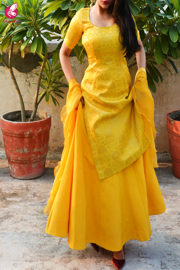 Yellow Brocade Padded Kurta with Yellow Crepe Skirt and Yellow Pure Organza Ruffle Dupatta