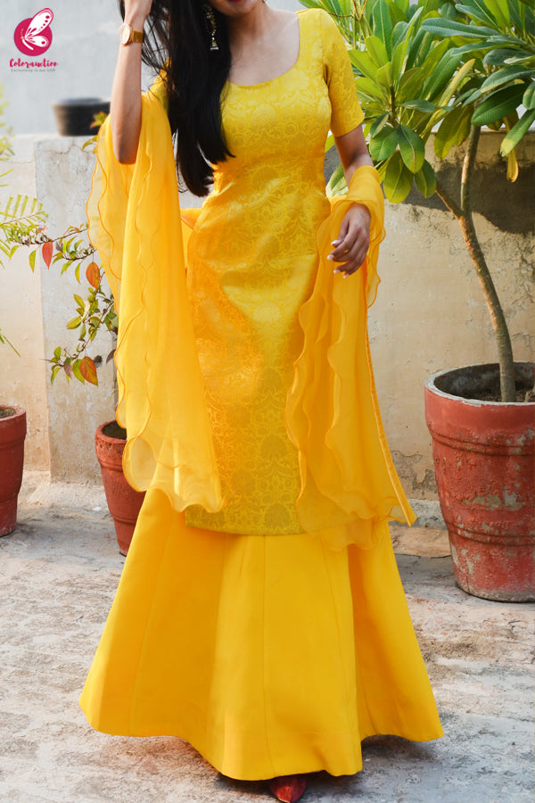 Yellow Brocade Padded Kurta with Yellow Crepe Skirt and Yellow Pure Organza Ruffle Dupatta