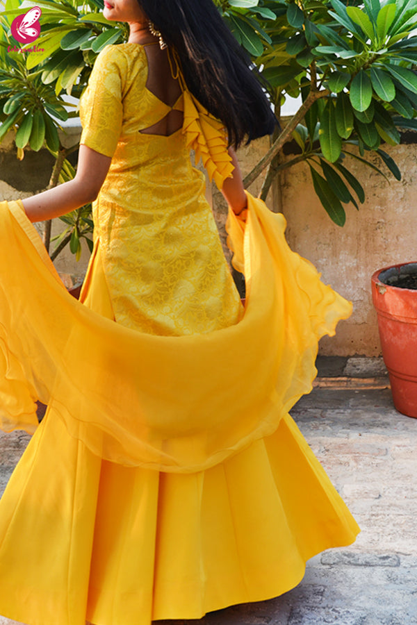 Yellow Brocade Padded Kurta with Yellow Crepe Skirt and Yellow Pure Organza Ruffle Dupatta