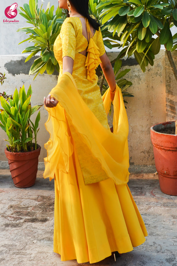 Yellow Brocade Padded Kurta with Yellow Crepe Skirt and Yellow Pure Organza Ruffle Dupatta