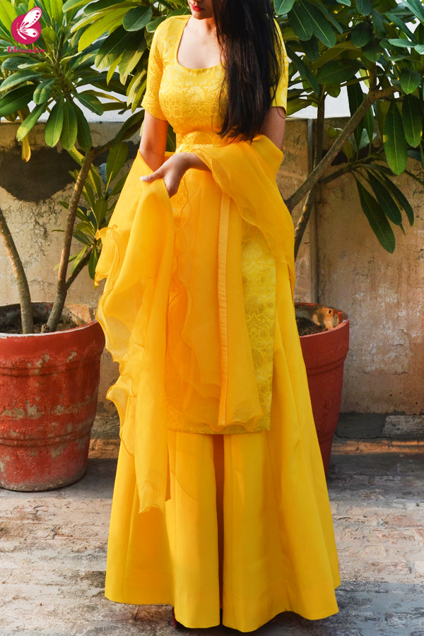 Yellow Brocade Padded Kurta with Yellow Crepe Skirt and Yellow Pure Organza Ruffle Dupatta