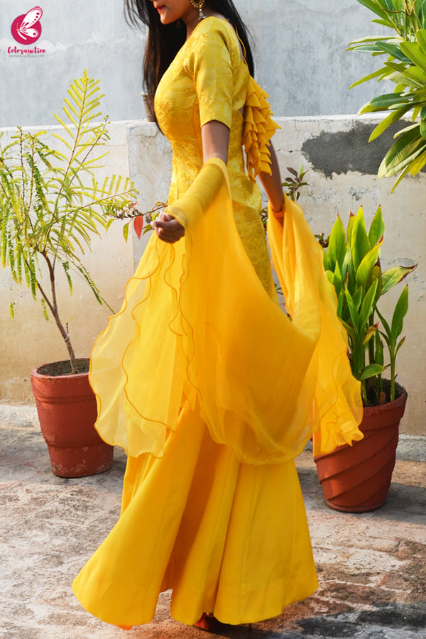 Yellow Brocade Padded Kurta with Yellow Crepe Skirt and Yellow Pure Organza Ruffle Dupatta