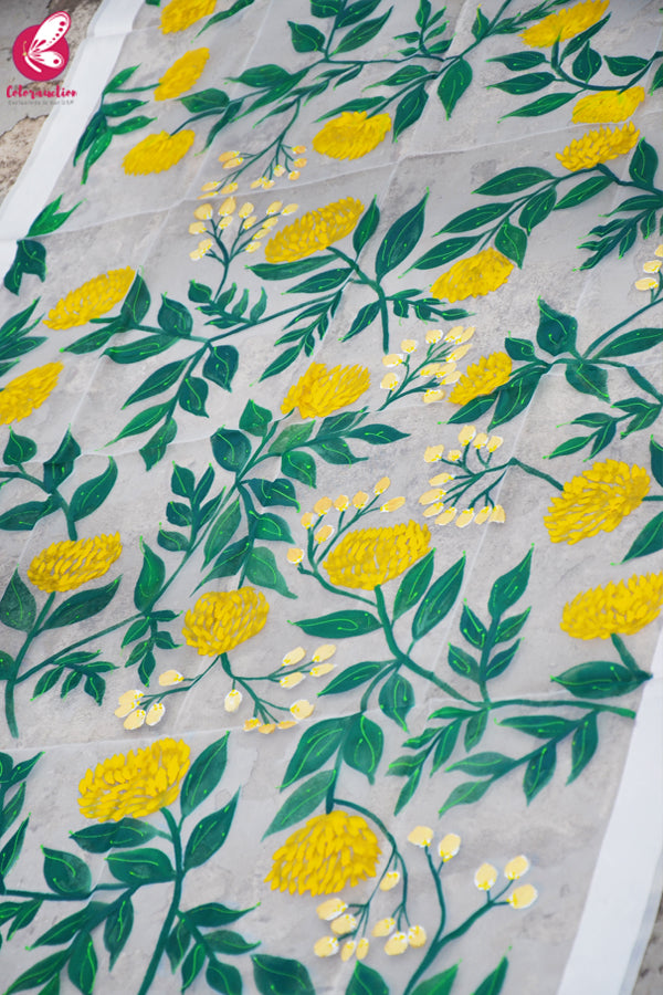 White Organza Yellow Peonies Hand painted Stole