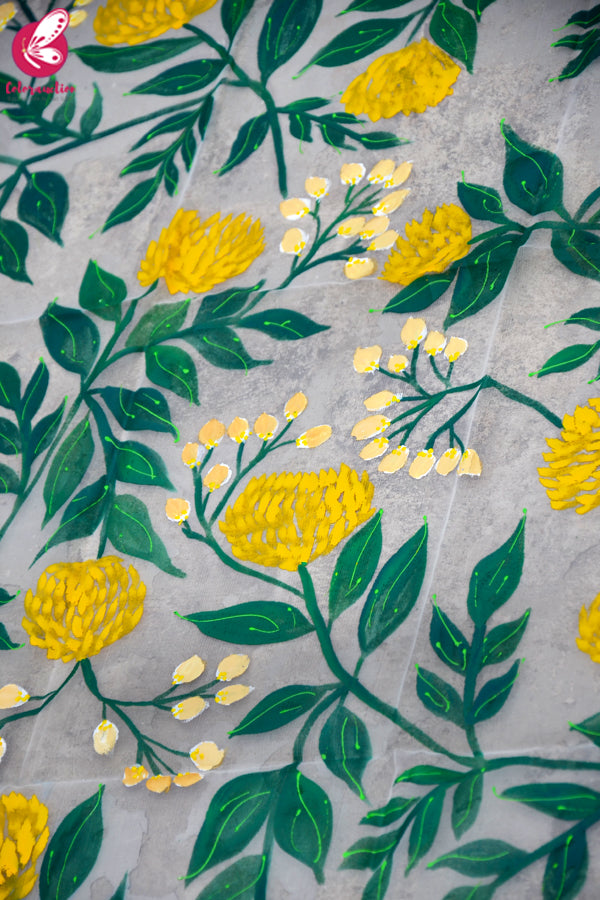 White Organza Yellow Peonies Hand painted Stole