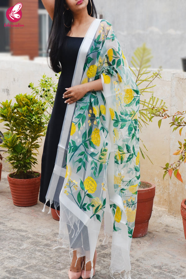 White Organza Yellow Peonies Hand painted Stole