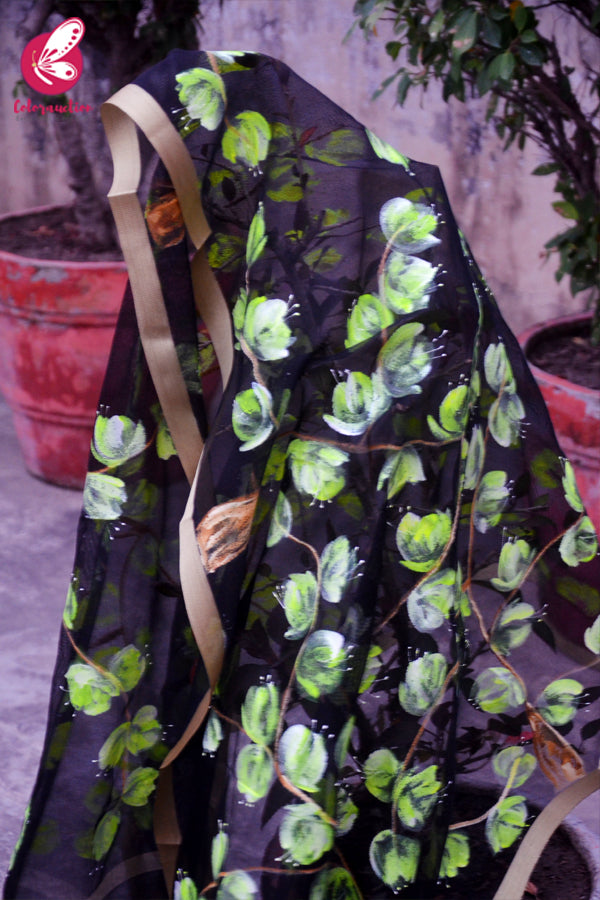Black Organza Neon Yellow Floral Handpainted Stole