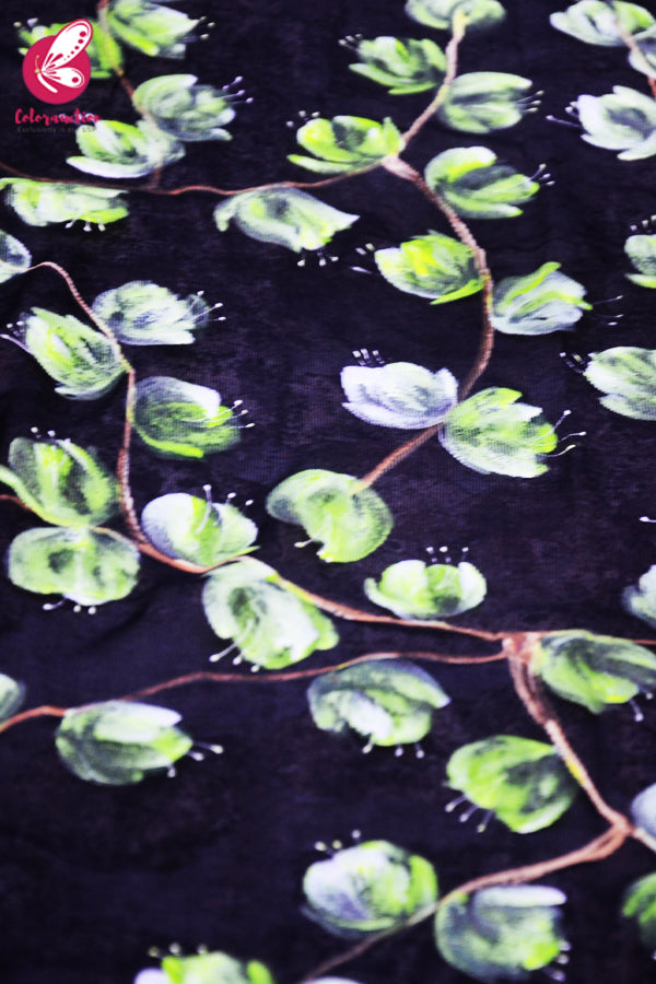 Black Organza Neon Yellow Floral Handpainted Stole